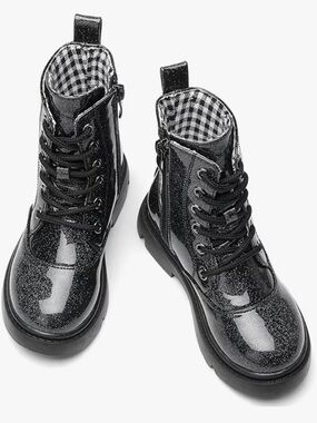 Girls' Black Glitter Lace-Up Combat Boots